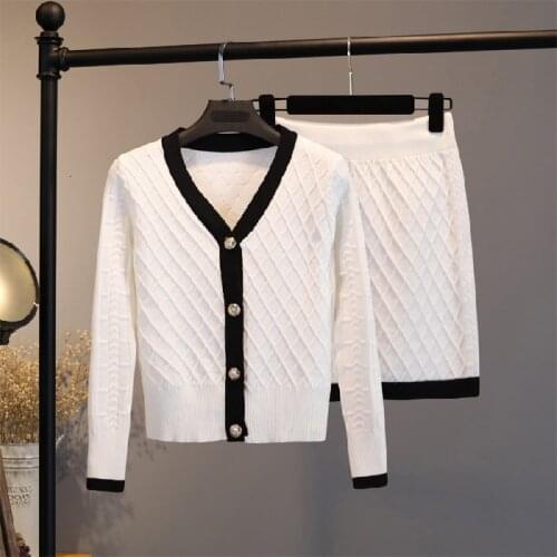 Women Knit Cardigan Sweaters Skirts Sets V Neck Solid Plaid Knit Top + High Waist Slim Bodycon Skirt Suits Two Piece Sets
