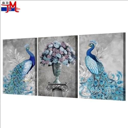 3 Pieces Blue Peacock Couple Diamond Embroidery Cross Stitch Flower Triptych 5D Diamond Painting Square Round Mosaic Animal Kit