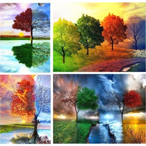 5D DIY Full Round Diamond Painting Color Tree Four Seasons Tree Home Decoration Gifts Cross Stitch Rhinestone Embroidery