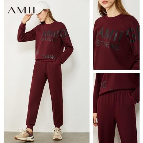 AMII Minimalism Autumn Suit Female Fashion Letter Printed Oneck Loose Hoodie Women Elastic Waist Joggers For Women 12040438