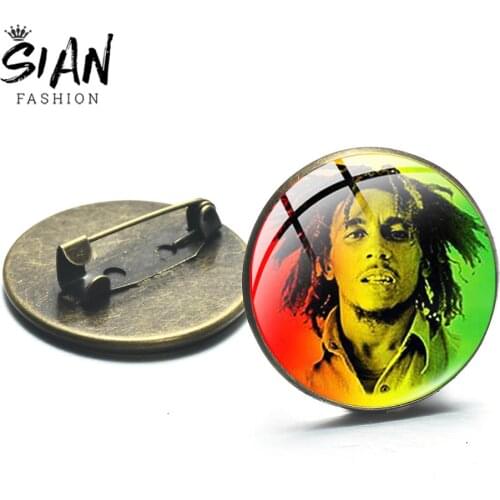 SIAN Jamaica Reggae Singer Bob Marley Brooches Super Music Star Punk Picture Glass Cabochon Badges for Men Women Bag Decoration