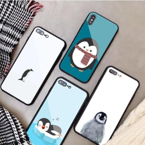 Cute cartoon animal penguin Tempered Glass Phone Case For iphone 12 11 Pro Max 5 6 7 8 PLUS X XS XR XSMax Shell