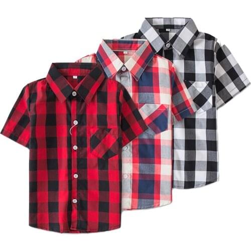 Childrens Short Sleeve Top Kids Shirt Baby Boy Checkered Blouse Girl Clothes Toddler Social Shirts For Boys To School Blouses