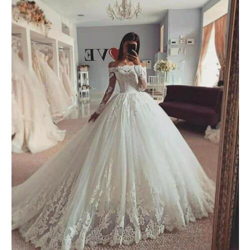 Elegant Long Sleeve A-Line Boast Neck Lace Wedding Dresses Floor Length Vestidos de novia Abendkleider Bridal Gowns for Women