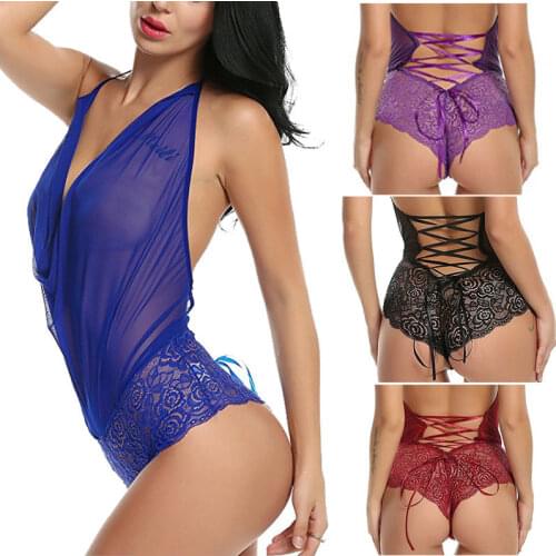 Hot Fashion Women G String Lace Sling Hanging Neck Fun Sleepwear Sexy Lingerie Nightwear Underwear Bodysuits plus size