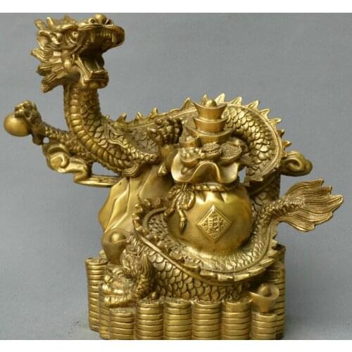 Chinese fengshui old bronze Dragon yuanbao money wealth treasure bowl statue