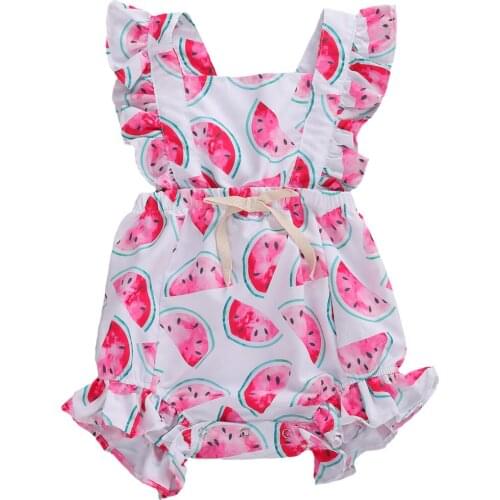 0-18M Summer Infant Baby Girls Boys Rompers Watermelon Print Ruffles Sleeve Jumpsuits Outfits