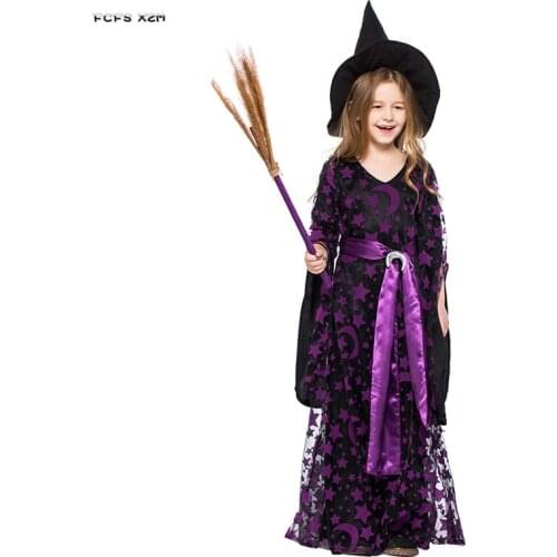 Purple Girls Halloween Witch Costumes for Kids Children Magician Gown Sorceress Cosplays Carnival Purim Masquerade party dress