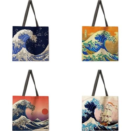 Reusable shopping bag Kanagawa Surfing Ladies Fashion Beach Bag Shoulder Bag Linen Fabric Tote Bag