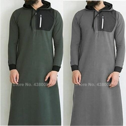 Muslim Traditional Cloting Mens Muslim Jubba Thobe 2020 New Streetwear Casusl Saudi Arab Dubai Zipper Hooded Sweater Robes Abaya