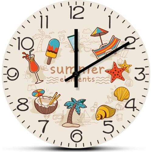 Summer Element Modern Design Wall Clock Coastal Wall Art Beach Coconut Palm Tropical Home Décor Clock Silent Movement Wall Watch