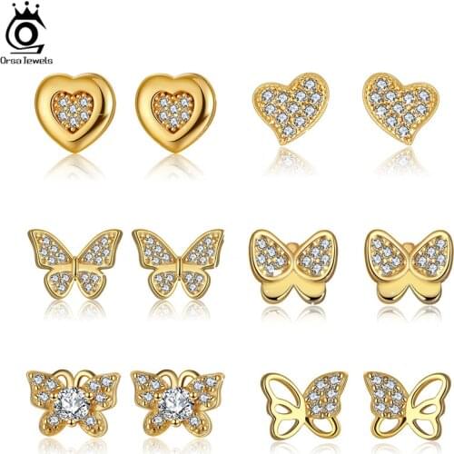 ORSA JEWELS 2021 Fashion 925 Sterling Silver Stud Earrings 14K Gold Plated Heart Shape Butterfly Design for Women Jewelry APE04