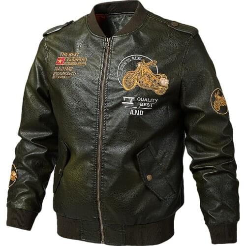 Autumn Winter Pop Faux Leather Mens Spring Motorcycle Biker Leather Jacket Coats Embroidery Bomber Pilot Leather Jackets Leisure