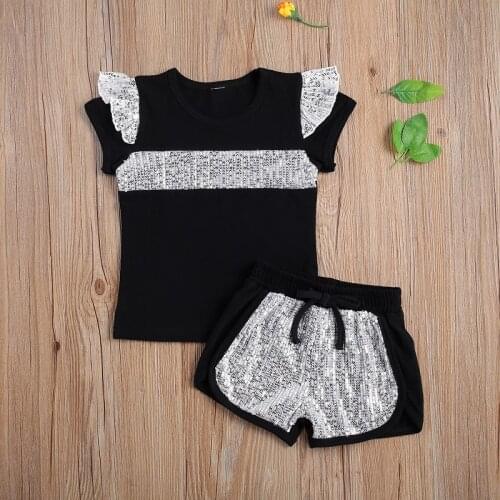 2-7Y Toddler Kids Baby Girl Clothes Sets Sequins Patchwork Flying Sleeve T-shirt Tops Shorts Pant Bottom 2PCS Children Set