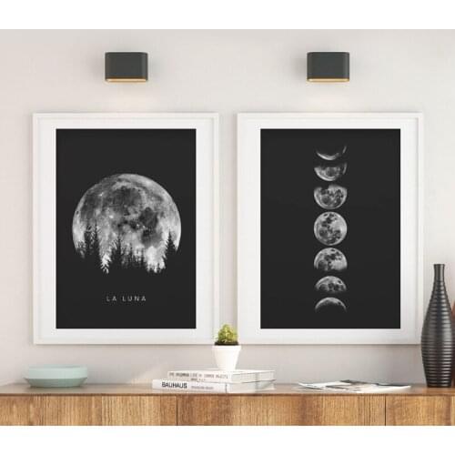 Minimalist Full Moon Posters and Prints Black White Moon Phases Print Solar System Canvas Painting Picture for Living Room Home
