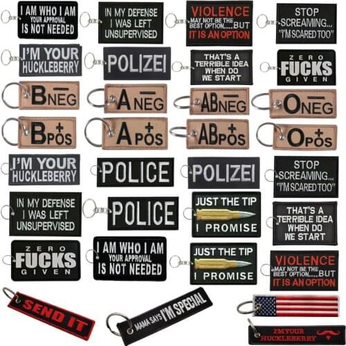 Police Blood Type Badge Embroidered Patch Keychain Key Ring Tags Fabric Car Biker Backpack Package Bags Hook Patches Key Holder