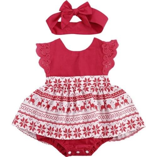 Newborn Baby Girl Christmas Dress Romper Lace Fly Sleeve Patchwork Cartoon Print Rompers Headband Red