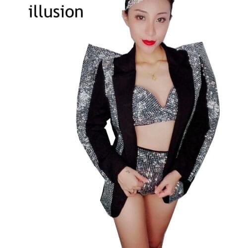 Silvery Rhinestones Jacket Outfits Women Rhinestone three Sets Stage Wear Sexy Nightclub Female Singer Host Modern Dance Costume