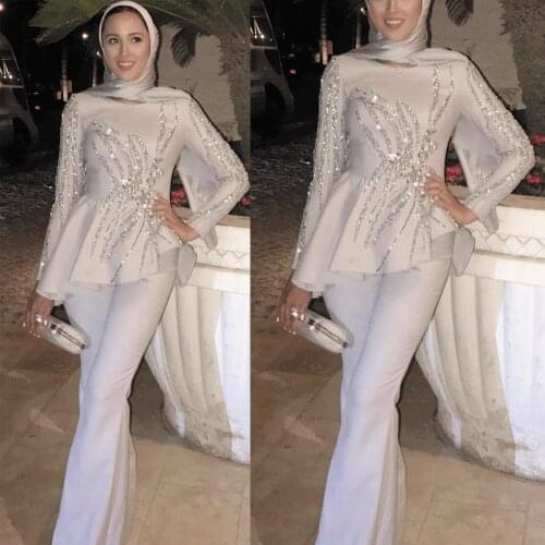 SuperKimJo Light Silver Jumpsuits for Weddings Abendkleider Lang Beaded Crystals Muslim Pants for Women Robe Soiree