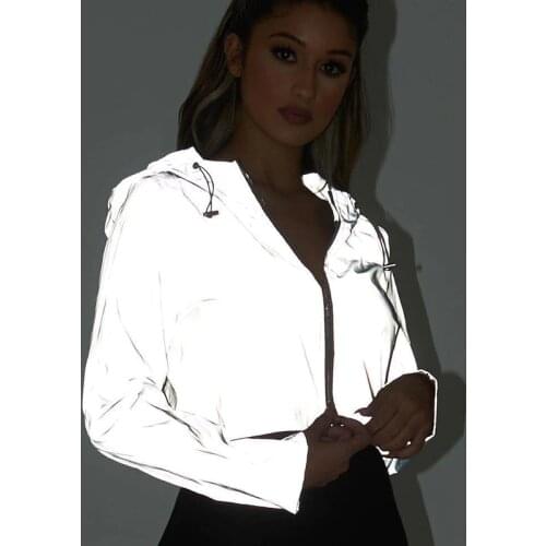 Reflective Boomber Hooded Jacket Women Night Glowing Short Jacket Coat Streetwear Long Sleeve Zipper Outwear Women holographic