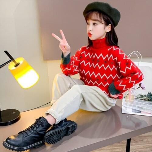 Girls Sweater Kids Coat Outwear 2021 Wave Plus Velvet Thicken Warm Winter Autumn Knitting Tops Cotton Pullover Childrens Clothi