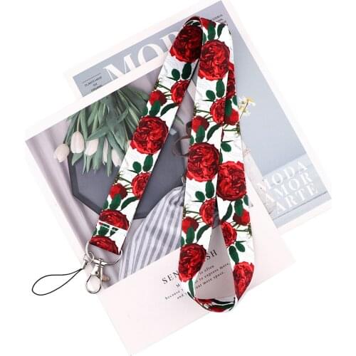 ZF3056 1pcs Rose Flower Fashion Lanyard Badge ID Lanyards Mobile Phone Rope Key Lanyard Neck Straps Accessories For Student Kid