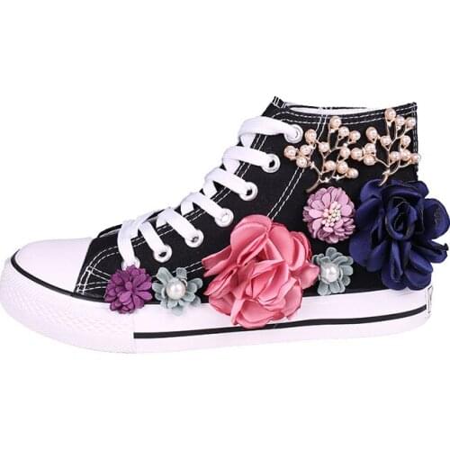 2021 Sneakers Wedges Canvas Shoes High Gang Womens Casual Shoes Womens Handmade Custom Flowers White Black Casual Shoes 35-40