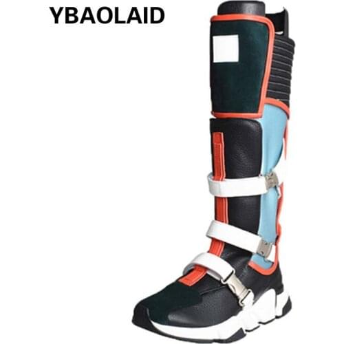 Cowhide Color Matching Metal Buckle Velcro Casual Slope Heel Sneakers Boots Women Waterproof Platform Stovepipe Socks Boots