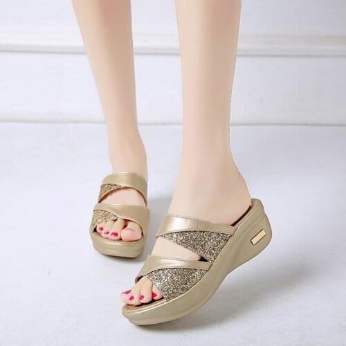 Women Summer Slippers Glitter Wedges shoes Increase Casual Slingbacks Sandals Comfortable Platform mature Women Shoes U24-04
