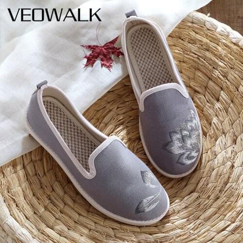 Veowalk Women Casual Cotton Fabric Embroidered Loafers Ladies Slip On Comfortable Driving Walking Flat Sneakers Shoes Grey Green