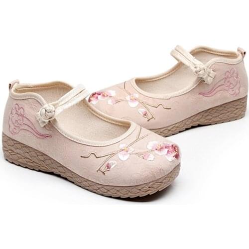 Vintage Ladies Soft Jacquard Cotton Embroidered Flat Platforms Women Casual Comfort Sneakers Walking Flats Beige Gray