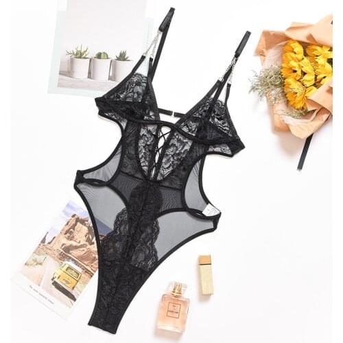 Womens Lace Lingerie Sexy Bodysuit Womens Black Hollow Transparent Bodysuit Push-up Corset Erotic Mesh Teddy Sexy Lingerie