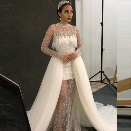 See Through Wedding Dresses With Detachable Train High Neck Full Sleeves Bridal Gowns Feathers Beads Wed vestido de novia