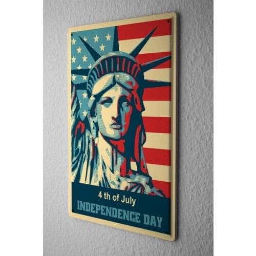 Vintage Style Tin Sign Fourth July Independence Day Statue of Liberty with American Flag Comic