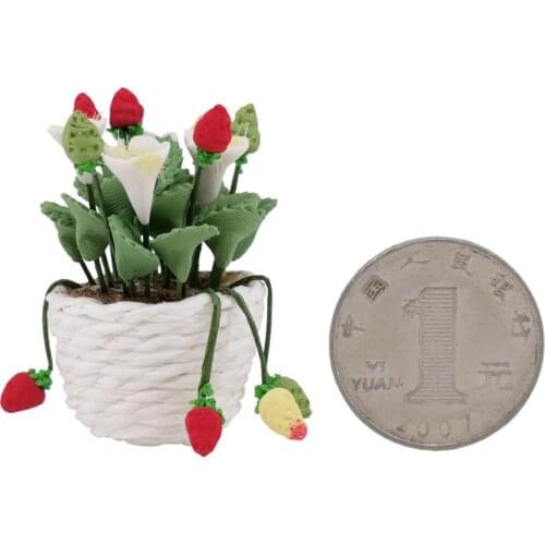 12th Doll House Flower Potted Miniature Strawberries Bonsai Model Beautiful DIY Fairy Garden Ornament Dollhouse Decor Kids Toy
