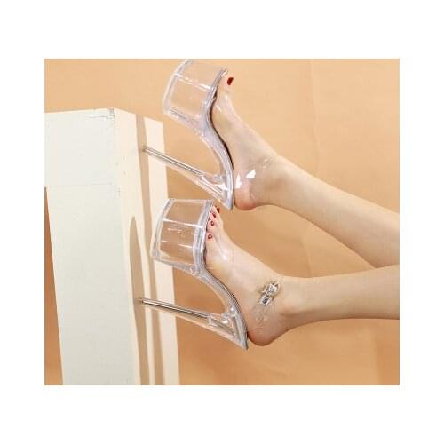 2019 PVC New Sexy Women High Heels 17cm Summer Woman Transparent Crystal Shoes Sandals Big Size 34-43 Thin Heel Wedding Shoes