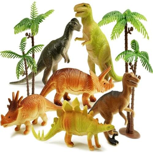 6pcs/Set Realistic Dinosaur Model Figure T-Rex Triceratops Velociraptor Stegosaurus Plus 2 Trees Educational Toy for Toddle Kid