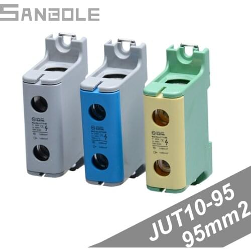 95mm2 Single Pole DIN Rail Mounted Aluminum Type Guide Electrical 1P Barrier Screw 1 In 1 Out Terminal Block JUT10-95