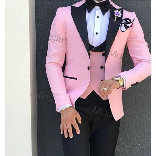 Bright Pink Men Wedding Tuxedos Excellent Groom Tuxedos Men Business Dinner Prom Blazer Satin 3 Piece Suit Evening Party Wear