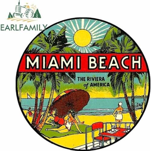 EARLFAMILY 13cm x 12.8cm for Miami Beach Florida Vintage Travel Car Stickers Refrigerator Decal Scratch-Proof Car Assessoires