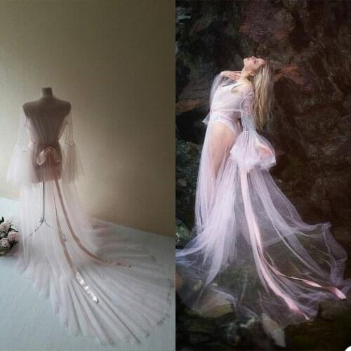 Pink Tulle Ruffle Plus Size Pregnant Prom Maternity Sleepwear Dress Nightgowns For Photoshoot Lingerie Bathrobe Nightwear