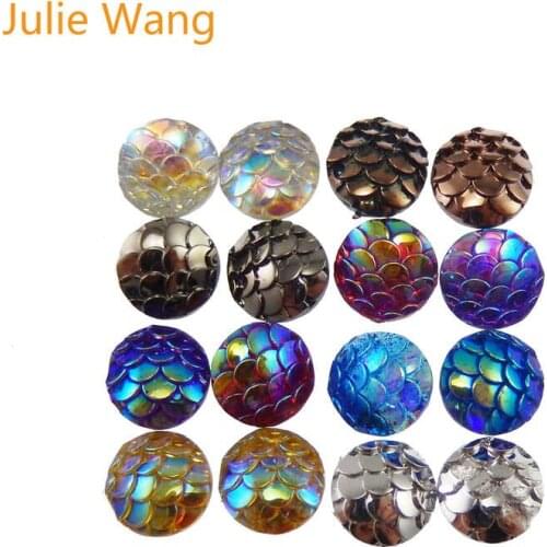 Julie Wang 100PCS 8/12mm Randomly Mix Colorful Resin Mermaid Scale Skin Cabochons Necklace Earrings Jewelry Making Accessory