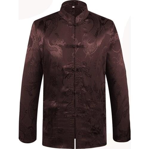 New Coffee Chinese Traditional Mens Mandarin Collar Full Dragon Tang Suit Clothing Long Sleeve Kung Fu Shirt Man Plus size coat