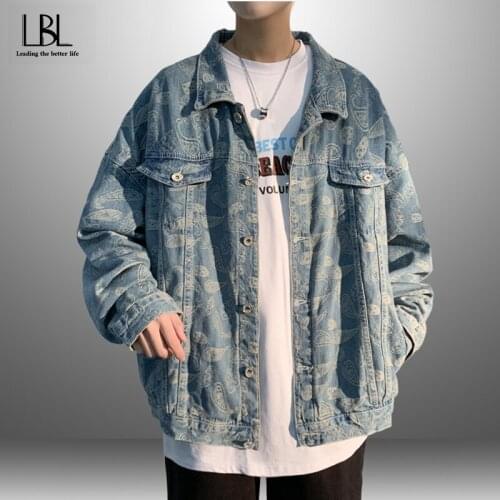 New Fashion Men Casual Denim Jackets Streetwear Man Loose Printed Jean Jackets Outerwear Male Hip Hop Coats 2021 Autumn Winter