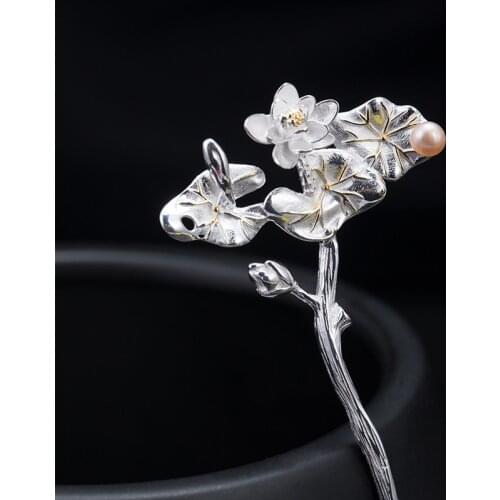 Lotus Flower Leaf 925 Sterling Silver Pearl Hair Stick Women Hair Accessories Chinese Ancient Hairpins Luxury Jewelry Gifts