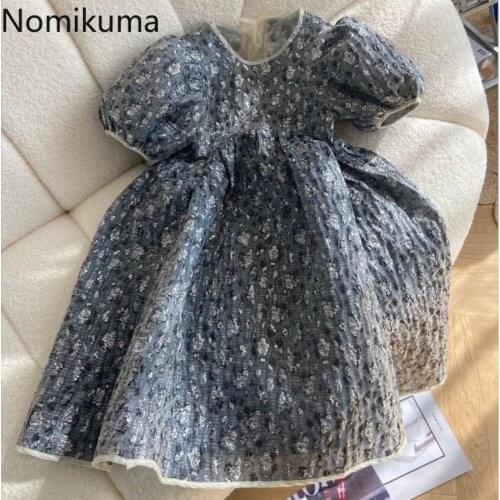 Nomikuma Sweet Floral Dresses Puff Sleeve O-neck High Waist A-line Vestido 2021 Summer Bow Tie Back Hollow-out Woman Dress 6J207