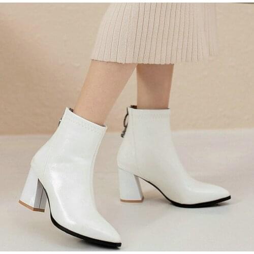 Fashion Pointed Toe Thick Heel Women Boots Back Zipper Ladies Ankle Boots 2020 New Basic Autumn Winter Boots Female Black White