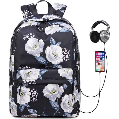 Fashion School Backpack USB Laptop bag for Girls Children Schoolbag Flowers Printed Female Daypack Black Travel Bag Mochila