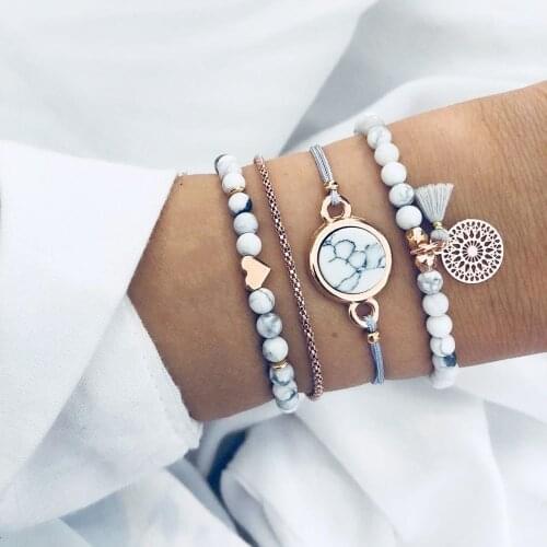 IFMIA Boho Vintage 4 Pcs/set Womens Exquisite Gem Beads Heart Round Geometry Tassel Bracelets Set New Jewelry Accessories Gifts