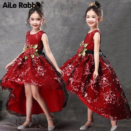 2020 New Girls Princess Party Dress Long Evening Dress Kids Fashion Dress Dovetail Tailoring Long Tail Embroidered Dress Costume